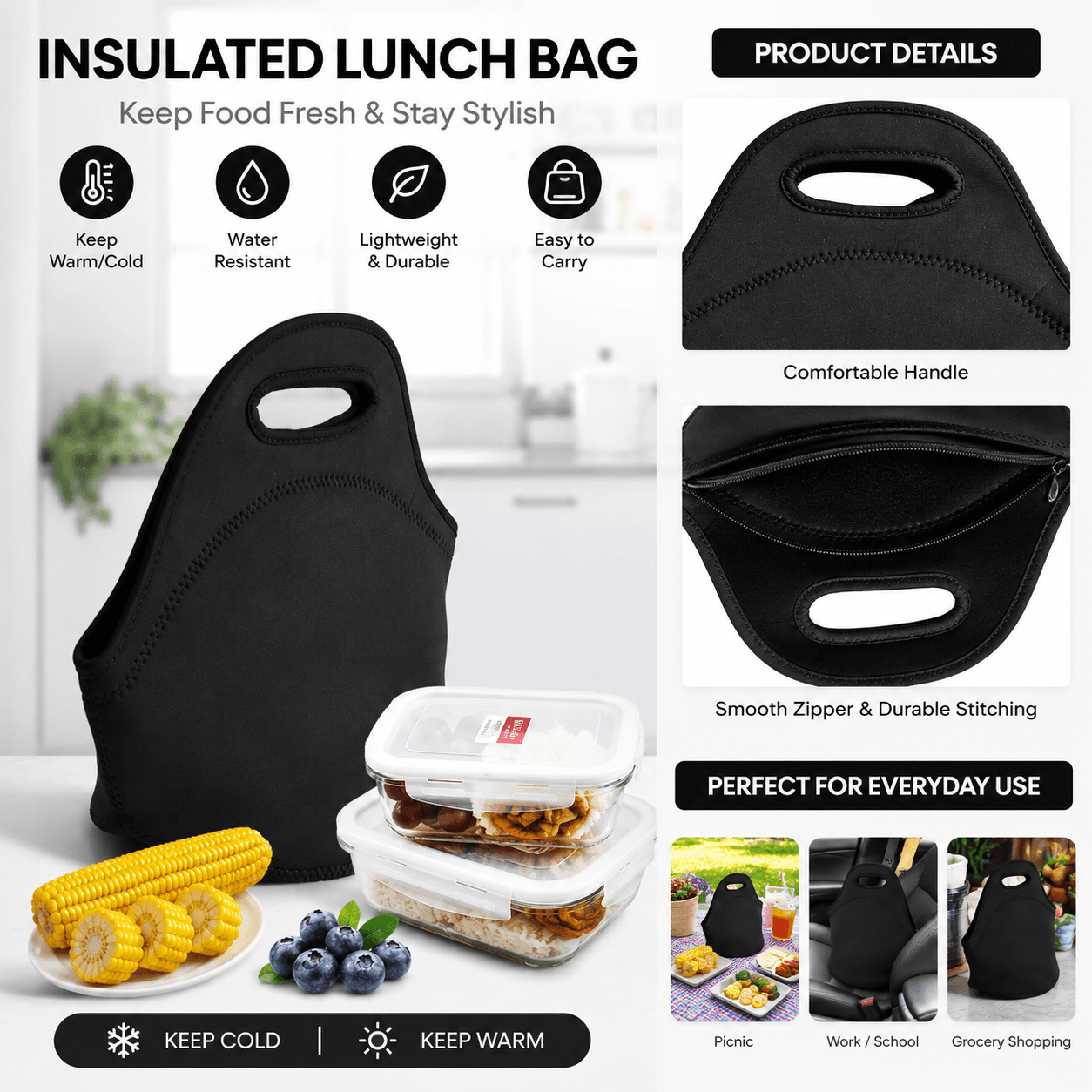Black Reusable Neoprene Insulated Lunch Bag - 30 × 17 × 30 cm