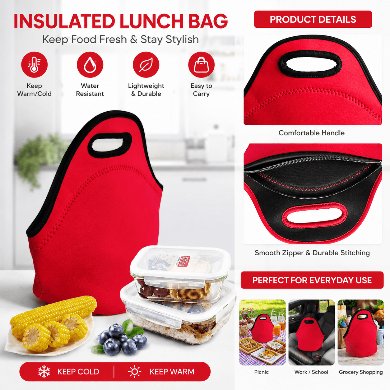 Red Reusable Neoprene Insulated Lunch Bag - 30 × 17 × 30 cm