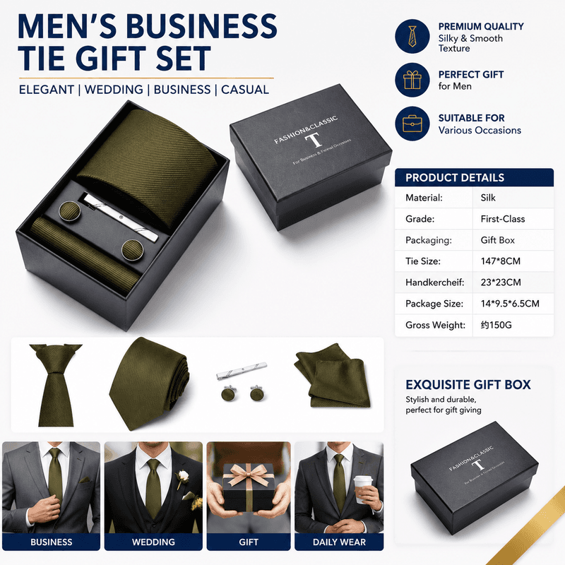 HB378 Dark Green Men's 4-Piece Formal Tie Set - Necktie, Pocket Square
