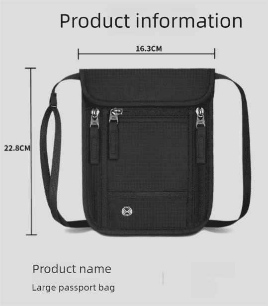 Grey RFID Neck Passport Holder - 16.3 × 22.8 cm Lightweight Nylon