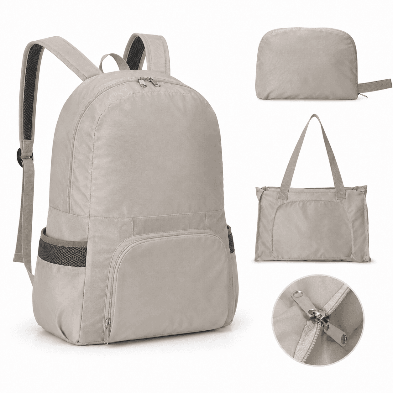 Beige Lightweight Foldable Backpack - Waterproof Polyester 3 Way Backpack