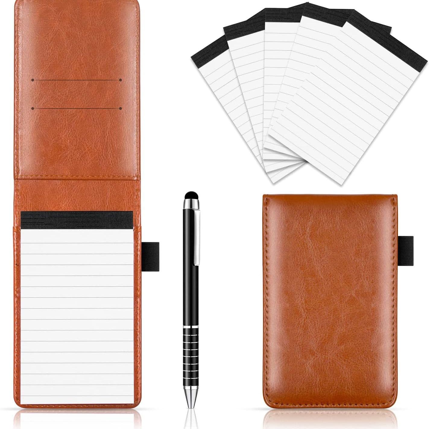 7-Piece Brown Business A7 Pocket Notebook Set - PU Leather Memo Pad, 5 Memo
