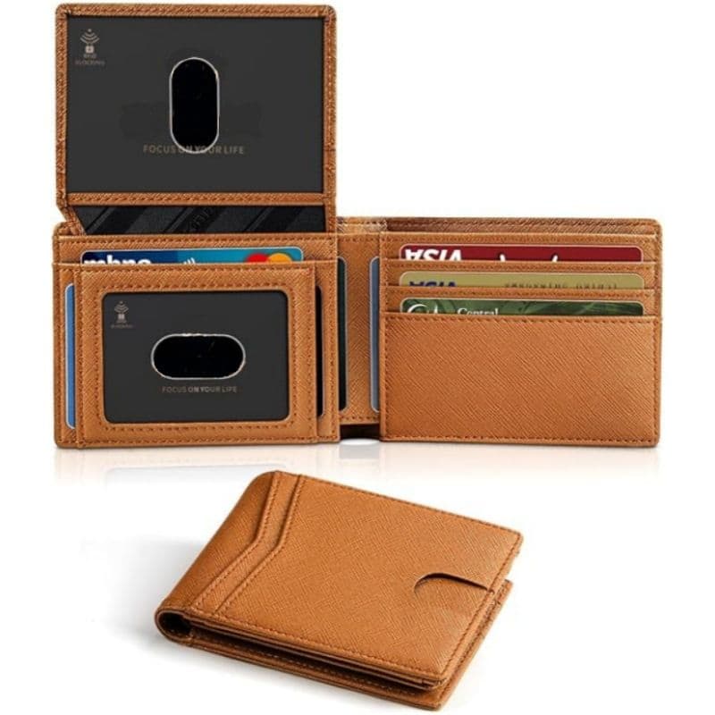 Brown Men's Vegan Leather Slim Trifold Wallet - RFID Blocking, Dual ID