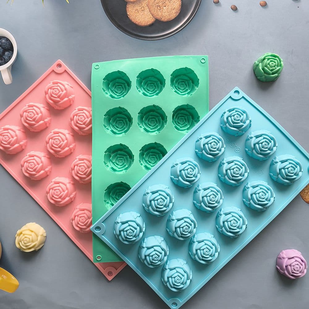 3-Piece 3D Rose Shaped Silicone Baking Mold - 3-Piece Pink Blue Green