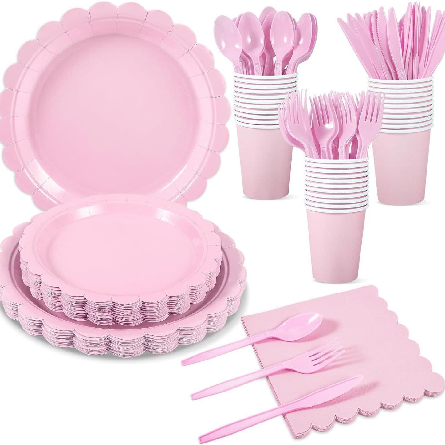 7-Piece Pink Scalloped Party Tableware Set with Floral - Serves 25 People