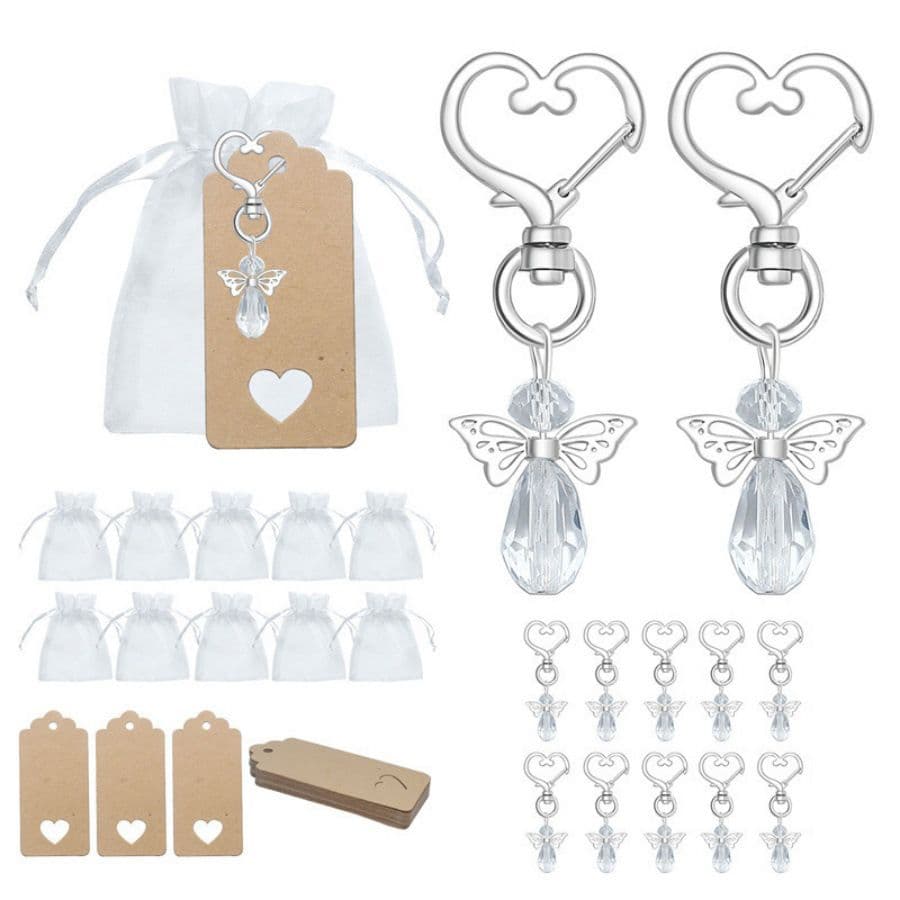 30-Piece White Guardian Angel Keychain Favor Set - Crystal Angel Wings