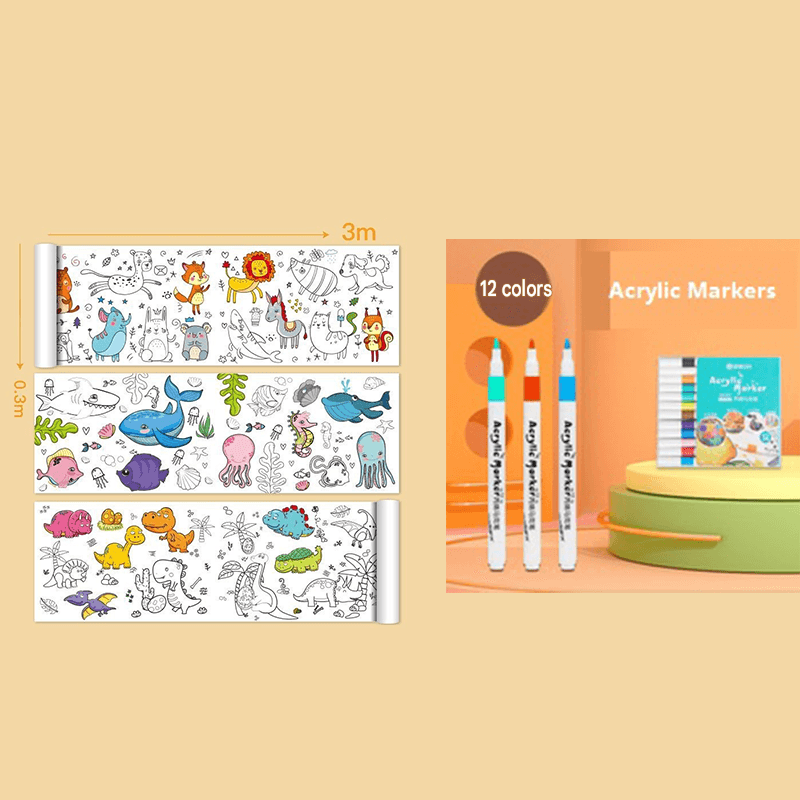 2 Piece- 3M Coloring Scroll Drawing Paper and 12-Color Marker Set, Giant