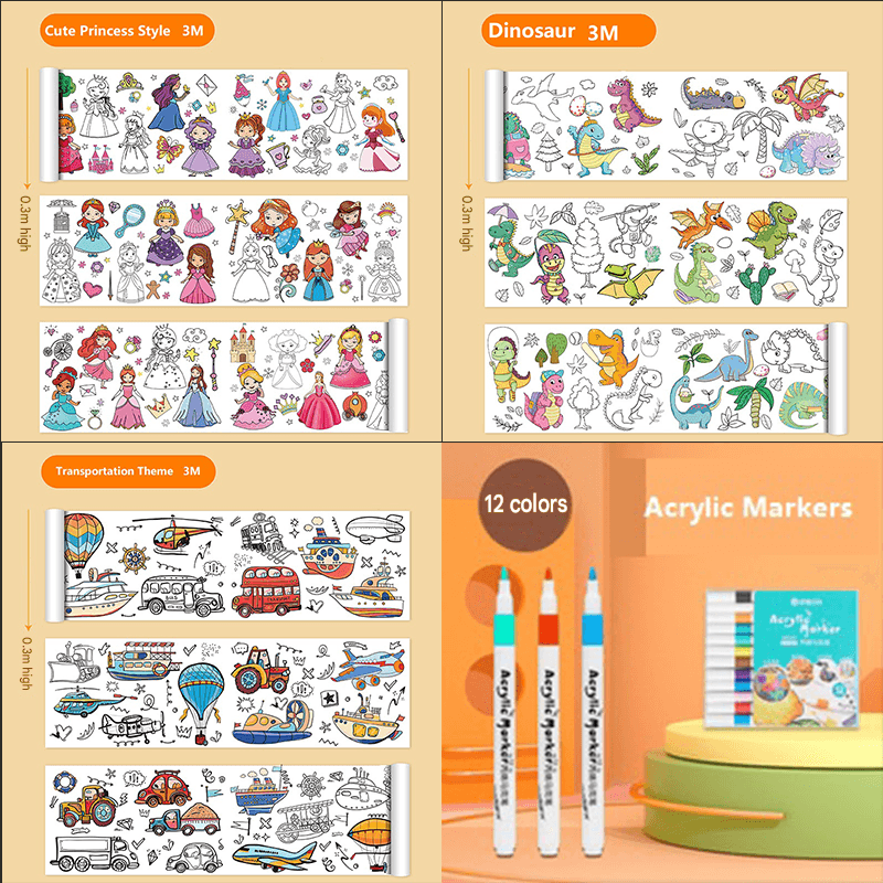 4 Piece- 3pce*3M Coloring Scroll Drawing Paper and 12-Color Marker Set