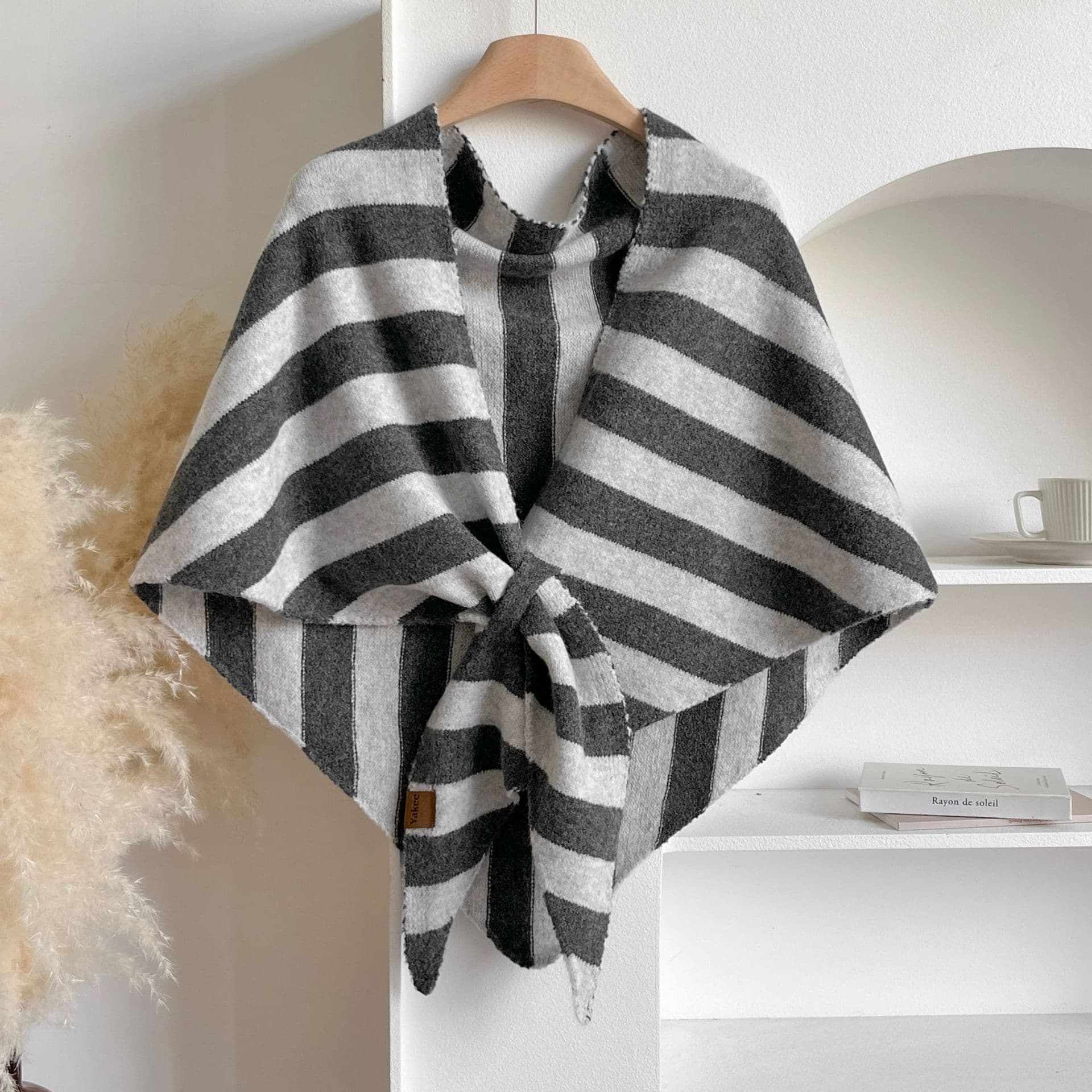 Grey Striped Women's Triangle Shawl Cape - Soft Knit Faux Cashmere Poncho