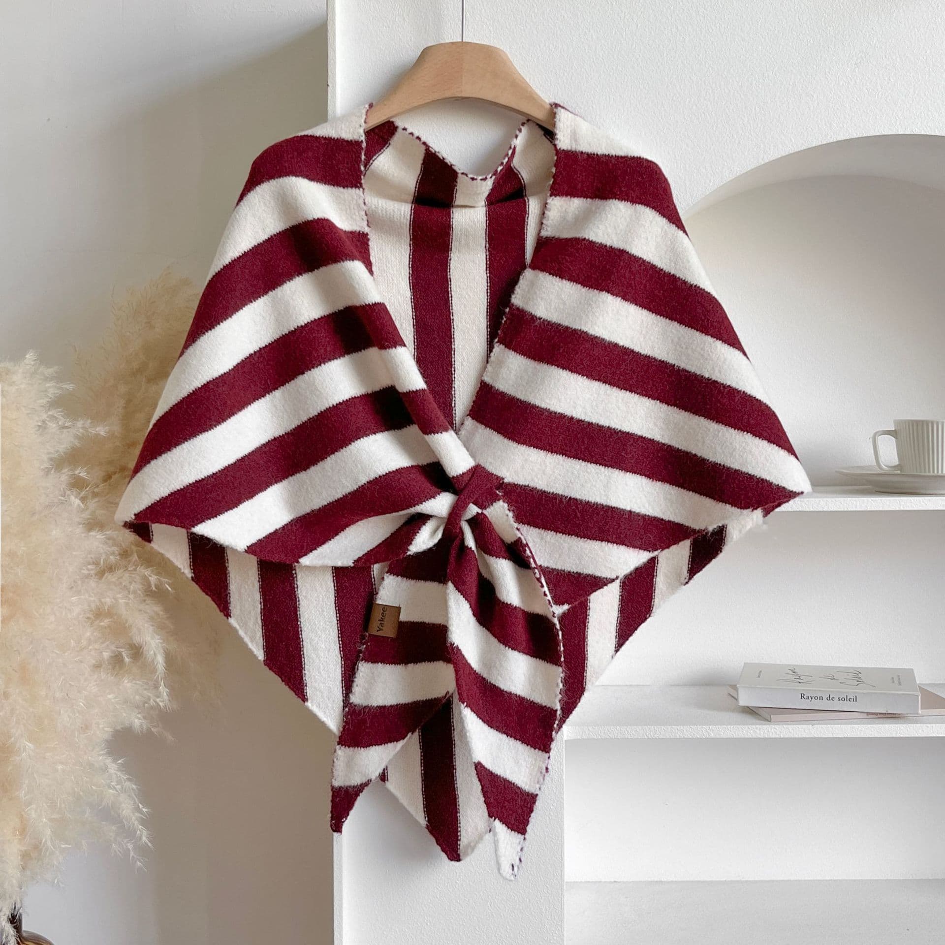 Red Striped Women's Triangle Shawl Cape - Soft Knit Faux Cashmere Poncho
