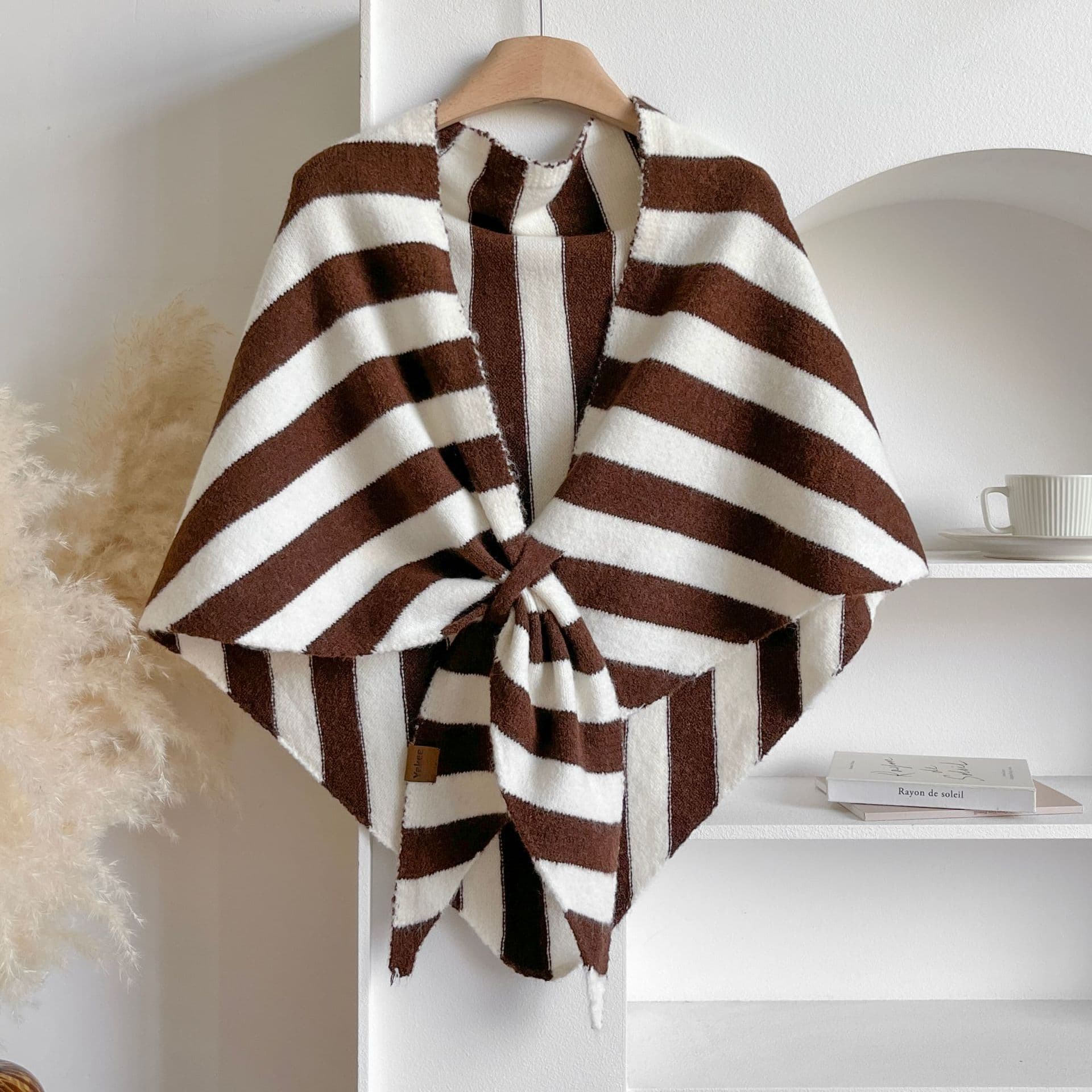Brown Striped Women's Triangle Shawl Cape - Soft Knit Faux Cashmere Poncho
