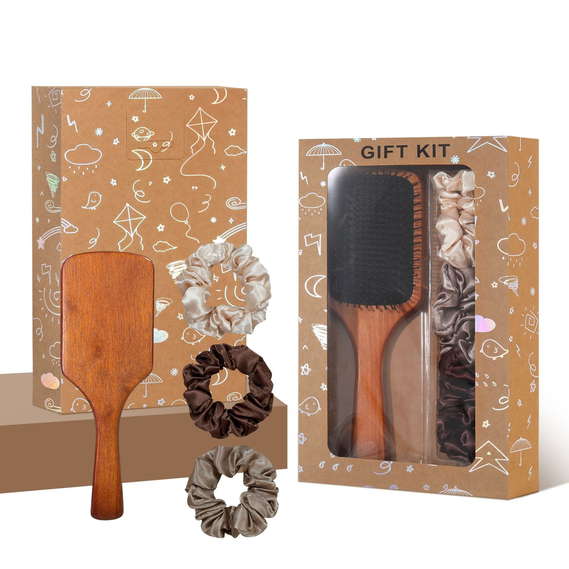 Black Paddle Hair Brush Gift Set with Satin Scrunchies - Cushion Airbag