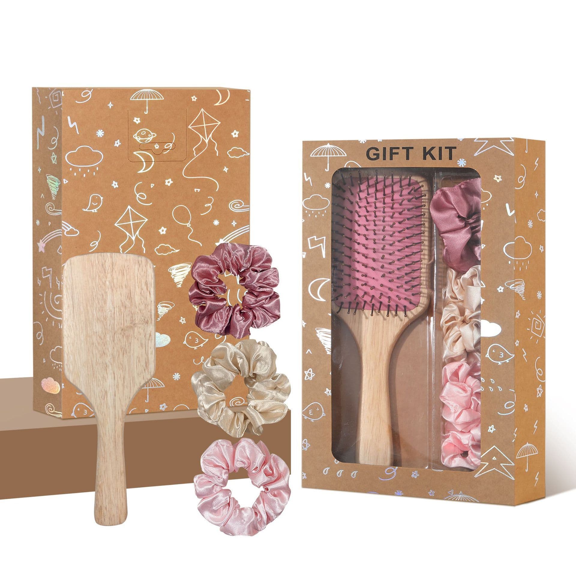 Pink Paddle Hair Brush Gift Set with Satin Scrunchies - Cushion Airbag