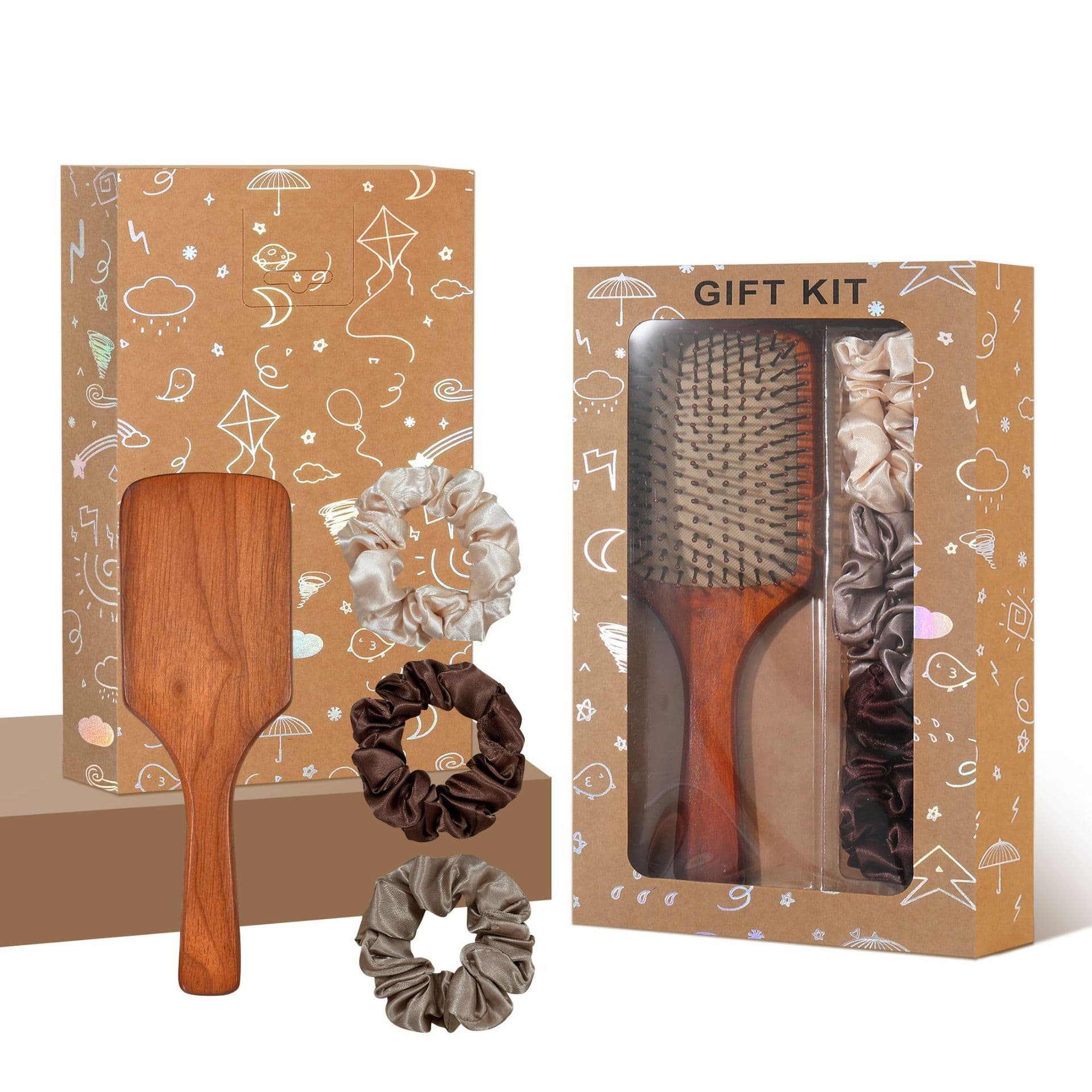 Yellow Paddle Hair Brush Gift Set with Satin Scrunchies - Cushion Airbag