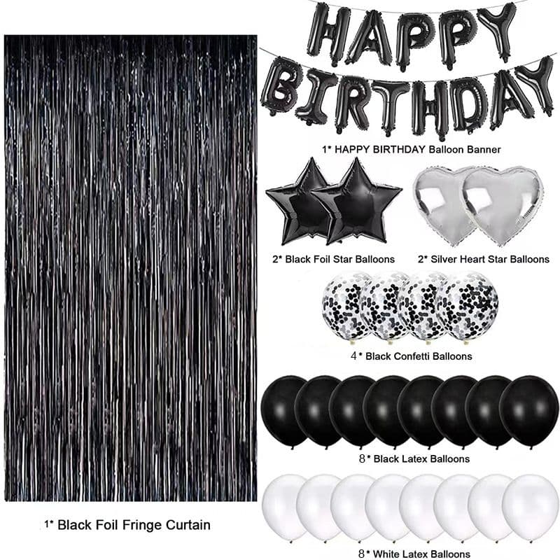 Black and White Foil Balloon Party Kit - Happy Birthday Banner, 2 Star & 2