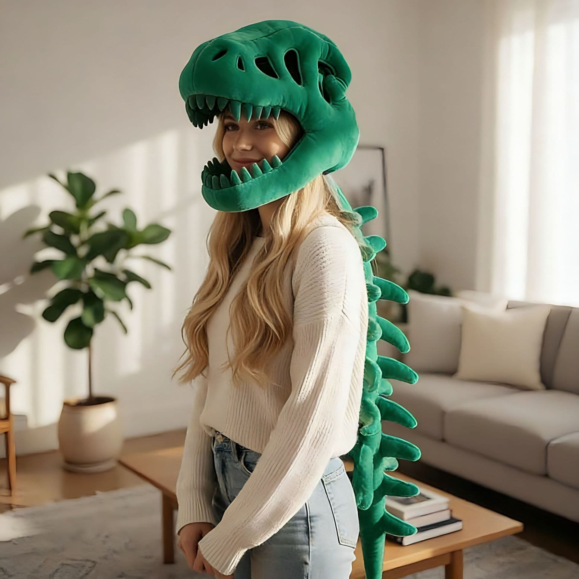 120 cm Green Funny Dinosaur Skeleton Plush Headwear - Quirky Bone Fossil