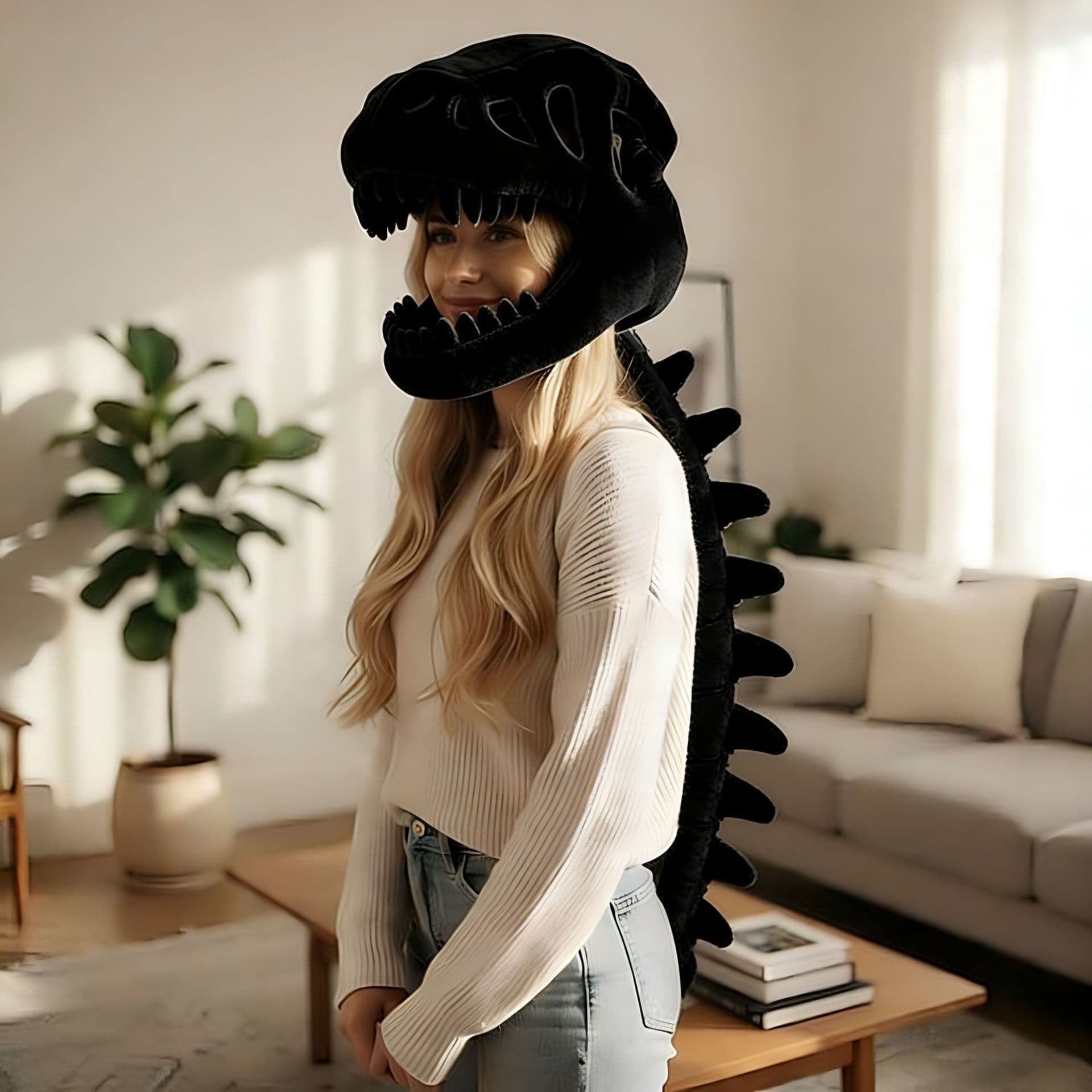 80 cm Black Funny Dinosaur Skeleton Plush Headwear - Quirky Bone Fossil