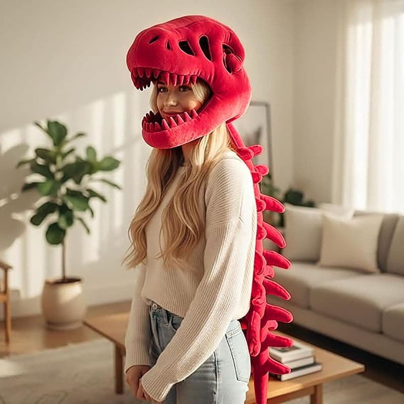 80 cm Red Funny Dinosaur Skeleton Plush Headwear - Quirky Bone Fossil