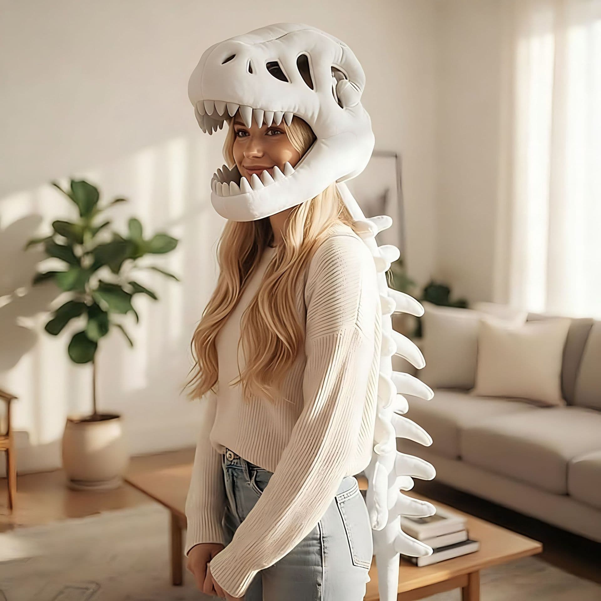80 cm White Funny Dinosaur Skeleton Plush Headwear - Quirky Bone Fossil