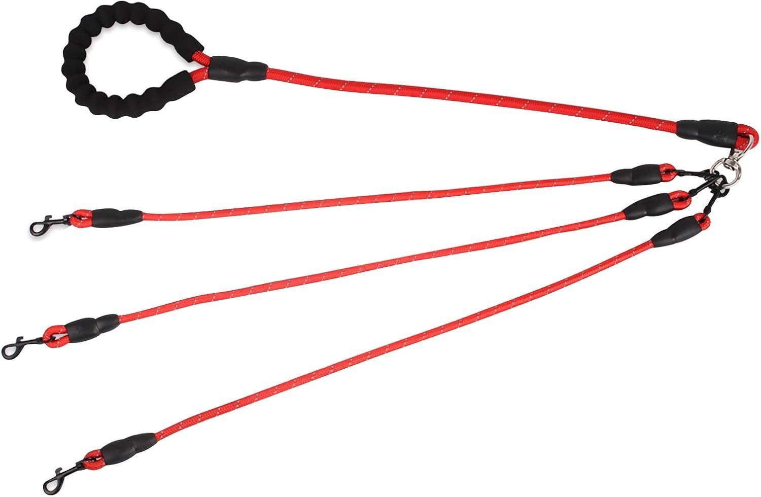 Red 3-in-1 No-Tangle Dog Leash for 1-3 Small Large Dogs - Heavy Duty 360°