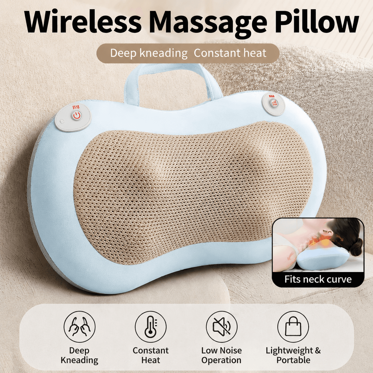 Blue Wireless Rechargeable Cervical & Lumbar Massager Pillow with 4 High/Low