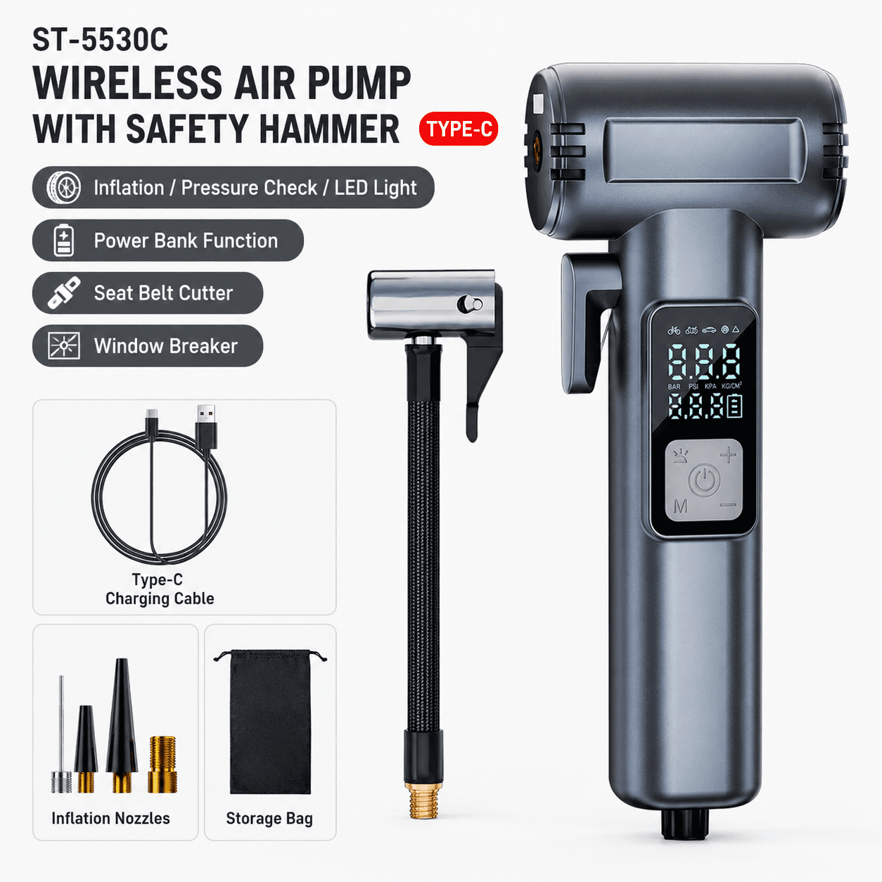 6-in-1 Portable Multifunctional Wireless Car Air Pump - Portable Smart