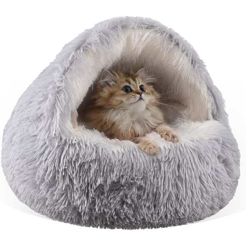 Grey Winter Long Plush Round Donut Cat Bed L Size Dia 50 cm - Grey 50 cm