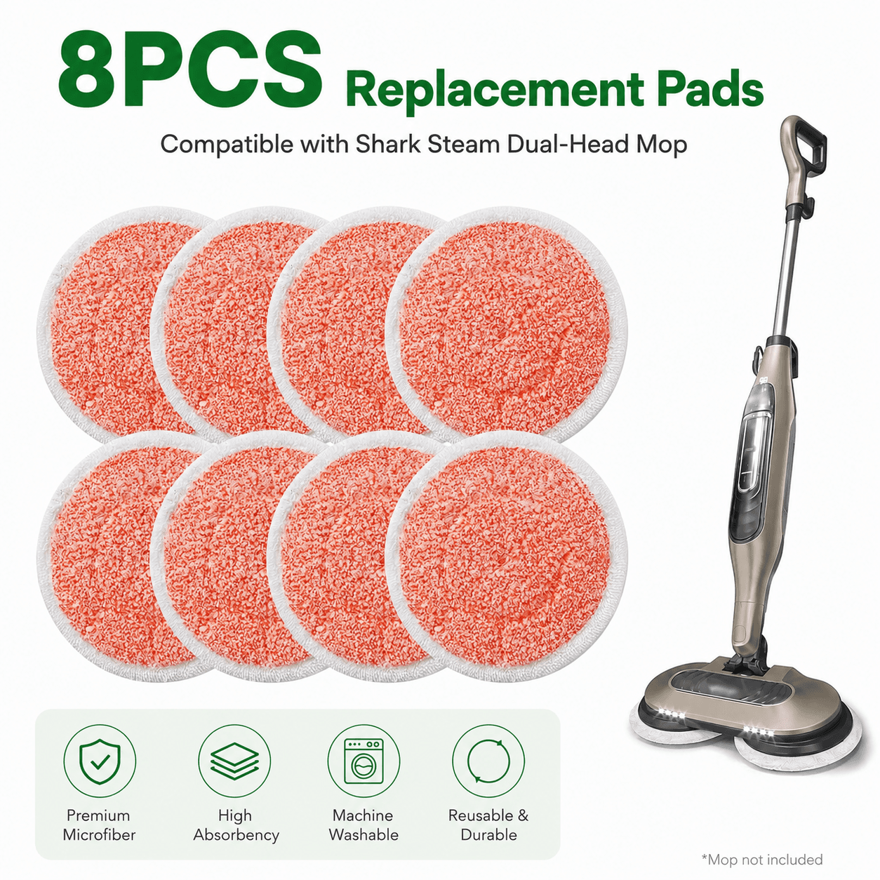 Style 1 Shark Steam Dual-Head Mop Replacement Pads 8 Pack - 7.5 Inch