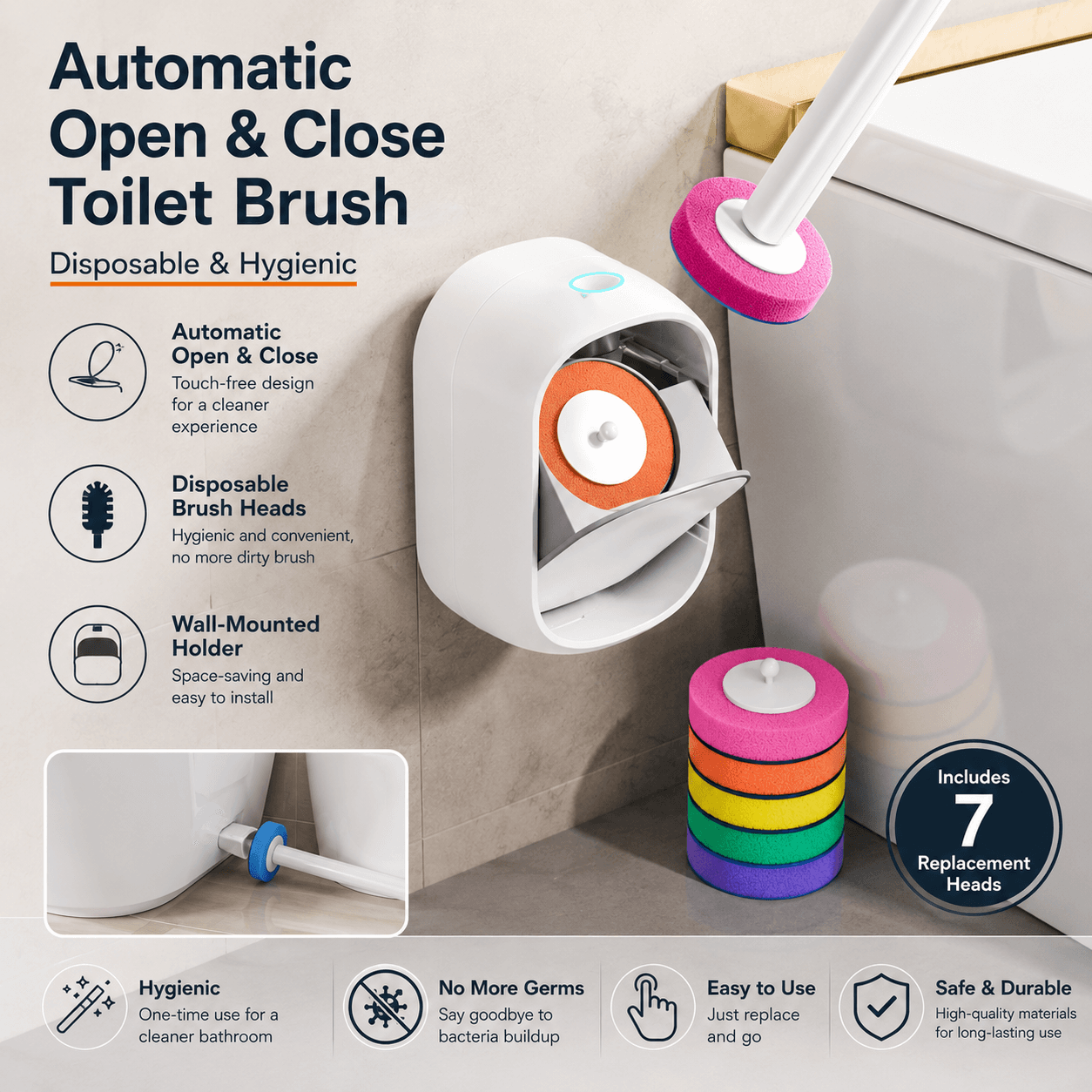Automatic Flip-Open Disposable Toilet Brush Set with 7 Cleaning Refill