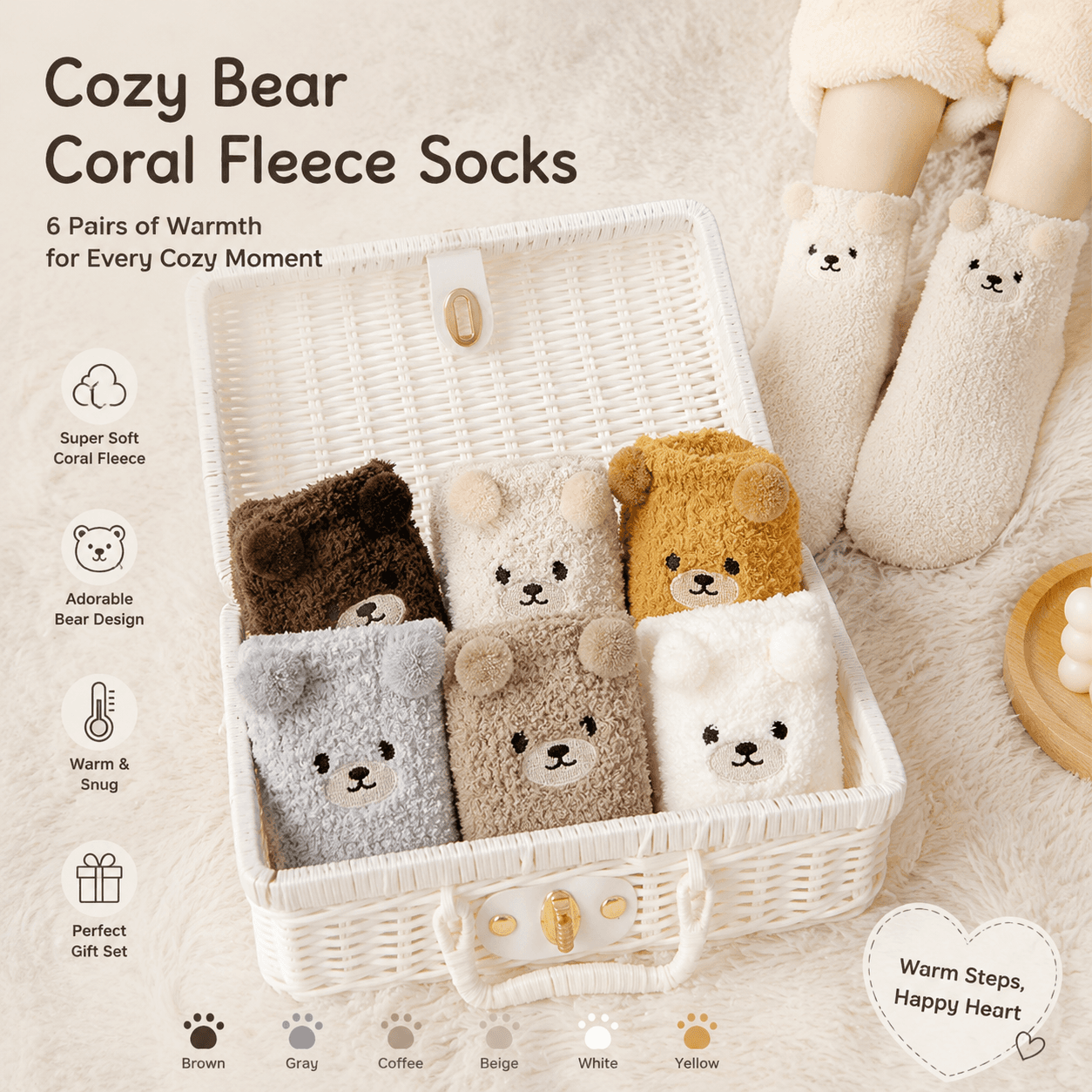 6-Pair Teddy Bear Fuzzy Crew Socks Set, Coral Fleece Plush Winter Sleeping