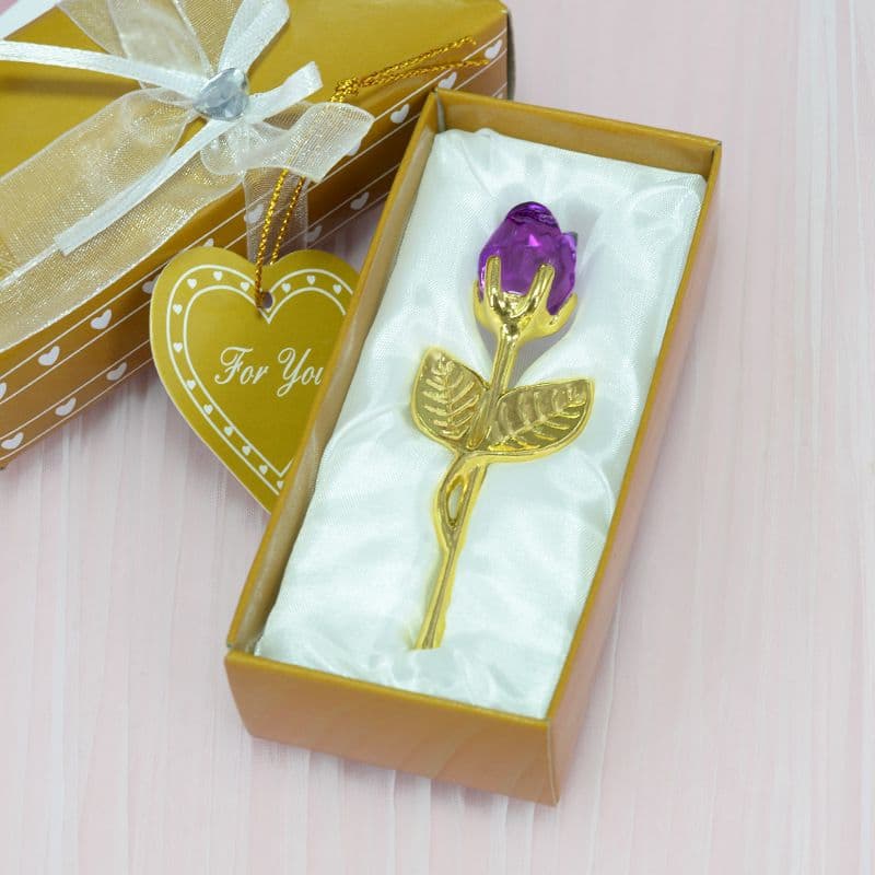 2 Set of Purple Crystal Rose Flower with Gold Gift Box - Purple Gold