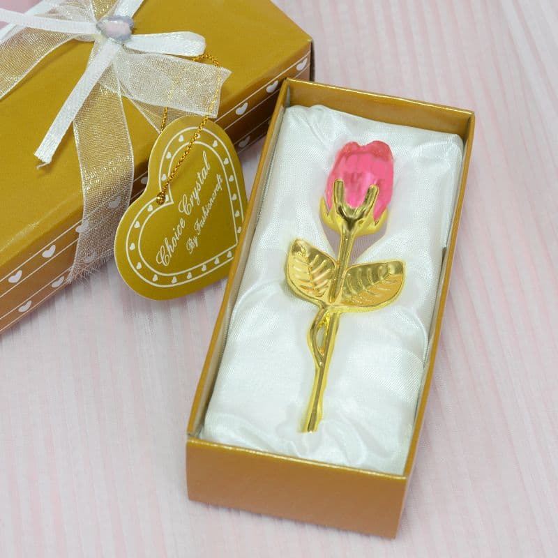 2 Set of Pink Crystal Rose Flower with Gold Gift Box and Gold - Pink Gold