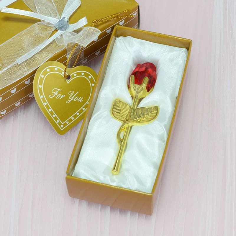2 Set of Red Crystal Rose Flower with Gold Gift Box and Gold - Red Gold