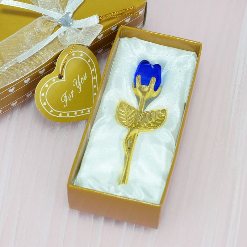 2 Set of Blue Crystal Rose Flower with Gold Gift Box and Gold - Blue Gold
