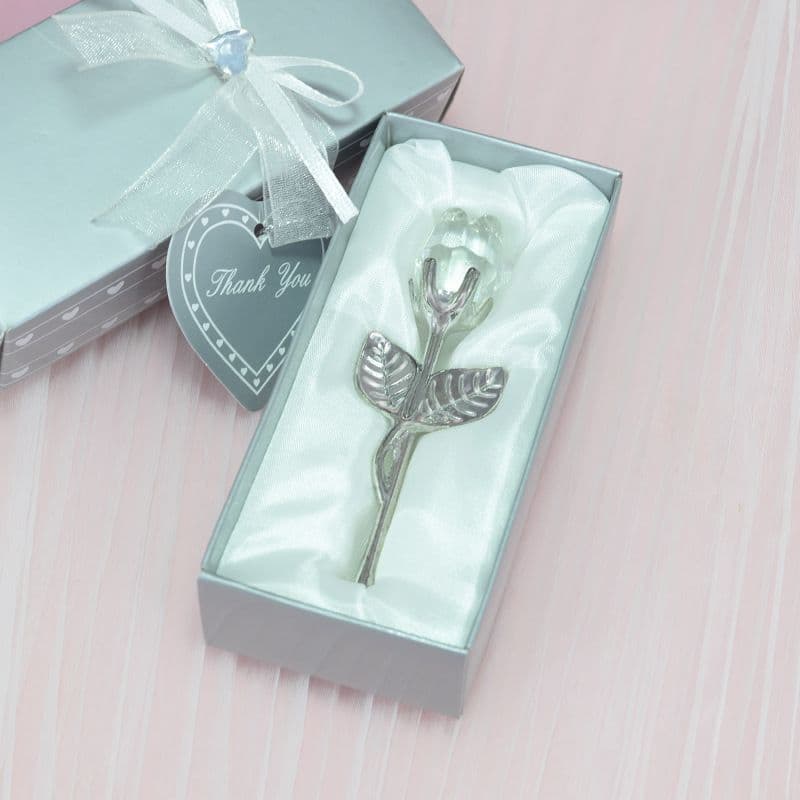 2 Set of White Crystal Rose Flower with Silver Gift Box - White Silver