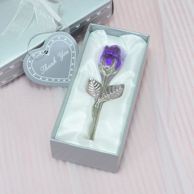 2 Set of Purple Crystal Rose Flower with Silver Gift Box - Purple Silver