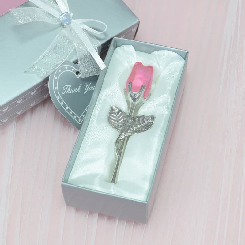 2 Set of Pink Crystal Rose Flower with Silver Gift Box - Pink Silver