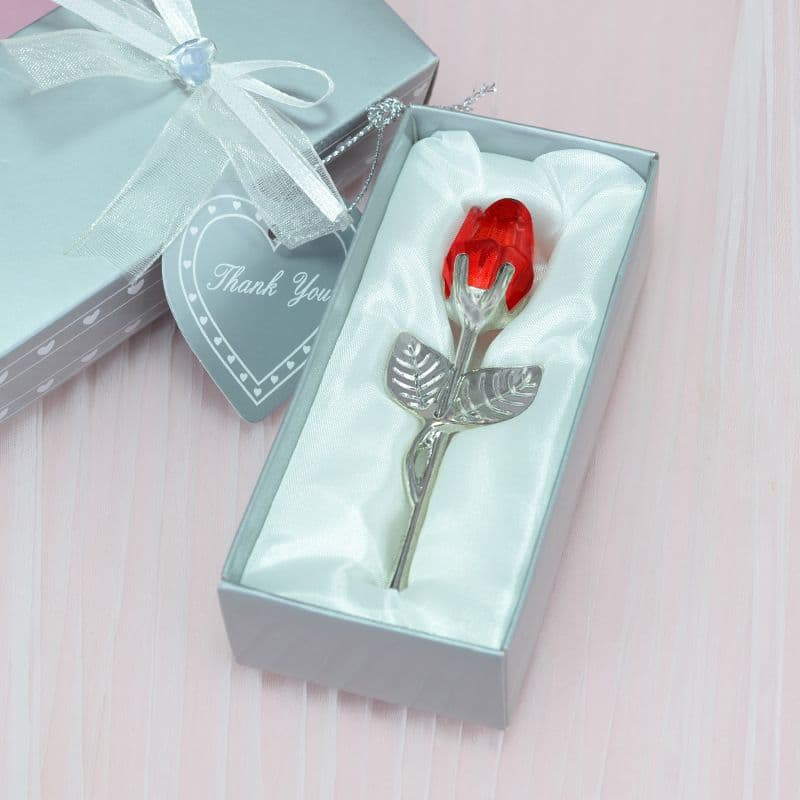 2 Set of Red Crystal Rose Flower with Silver Gift Box - Red Silver
