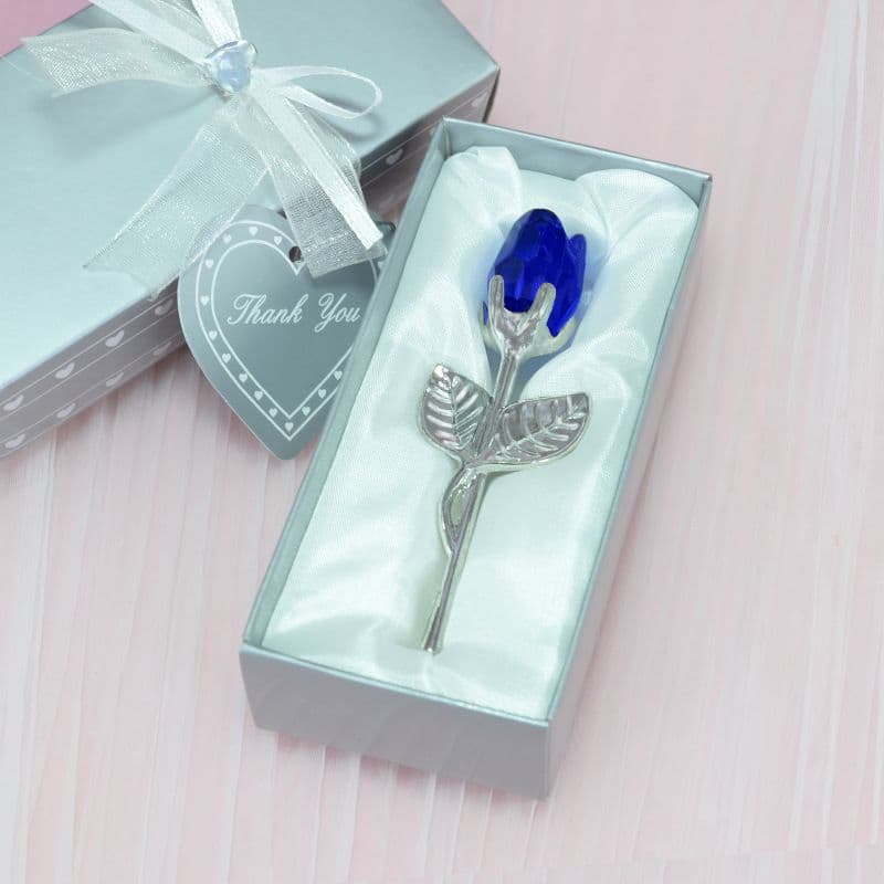 2 Set of Blue Crystal Rose Flower with Silver Gift Box - Blue Silver