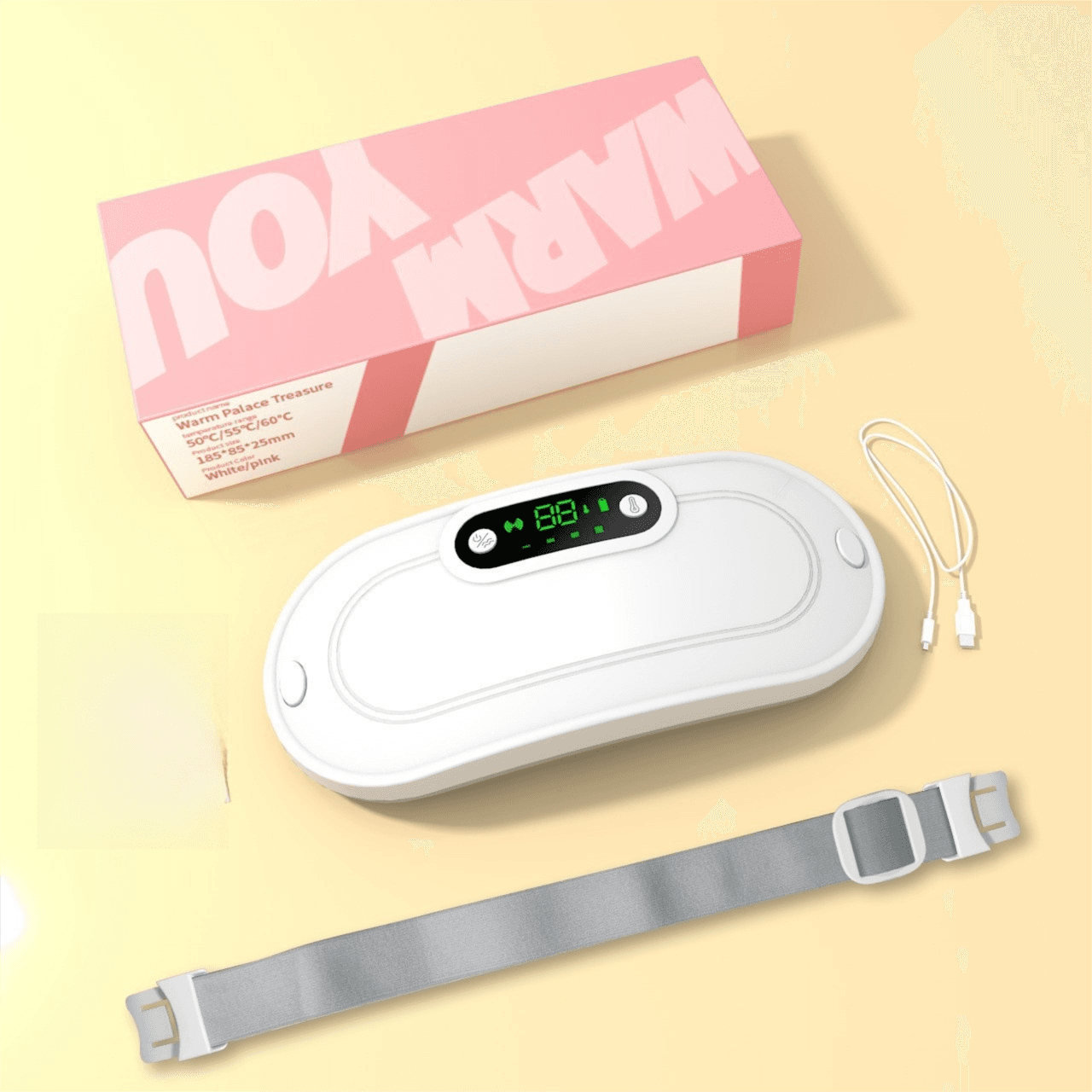 White Portable USB Rechargeable Graphene Heating Waist Belt with Gift Box