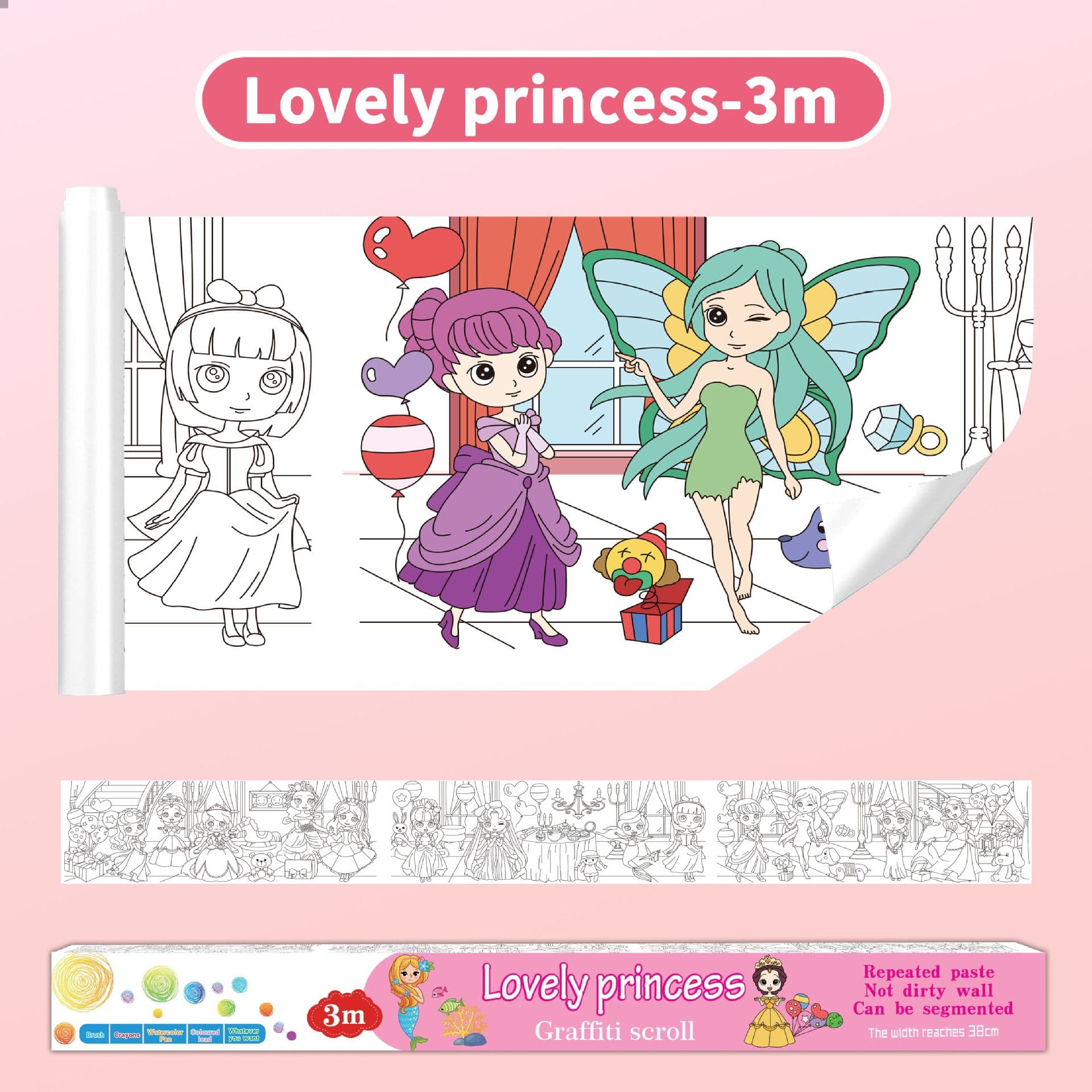 3M Extra Long Reusable Coloring Paper Roll, Lovely Princess Theme