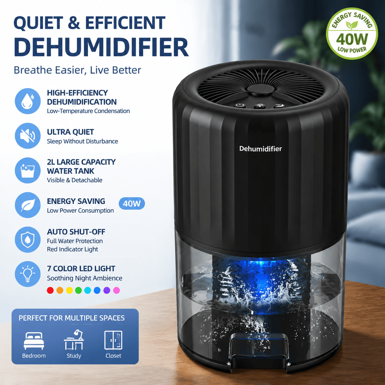 Black Portable Home Quiet Mini Dehumidifier - 2L Large Visible - 5-70m²