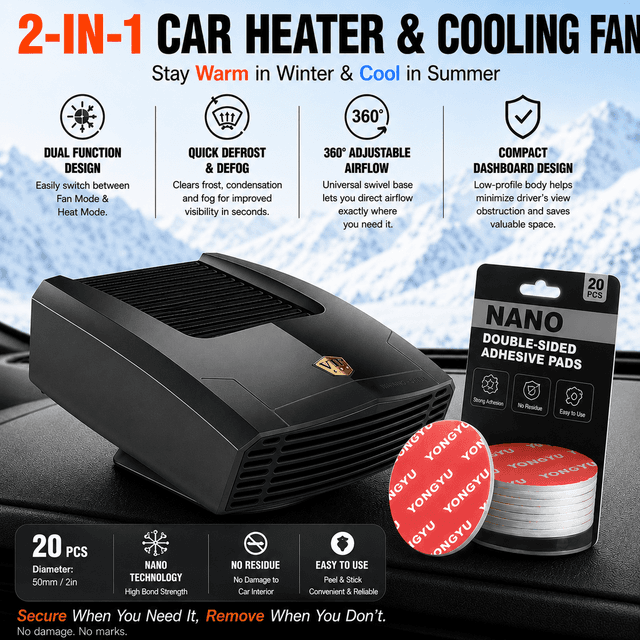 Black Compact 360° Adjustable Car Heater Fan with 20-Piece Removable Nano