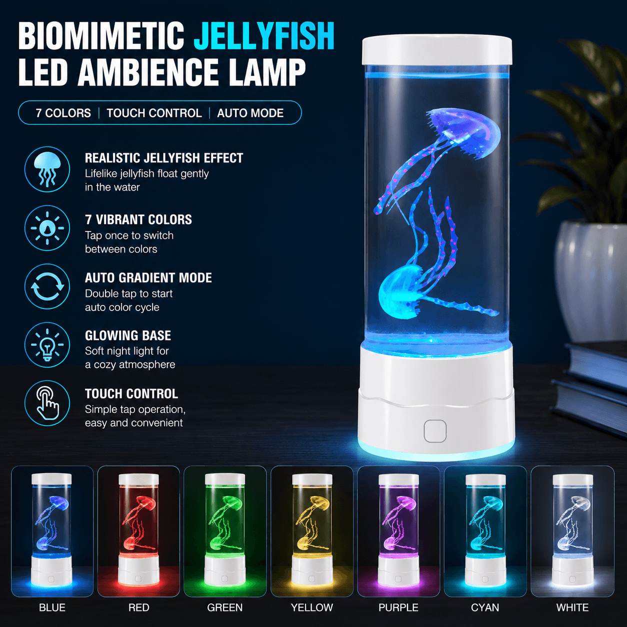 USB-C Powered Bionic Jellyfish LED Night Light with Dual Mode Touch - White
