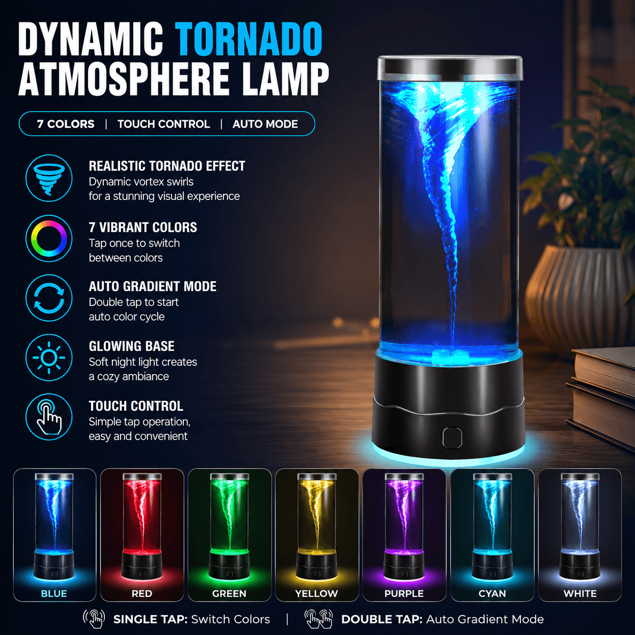 Black Dynamic Tornado Touch Control Mood Night Light with Single Color / 7
