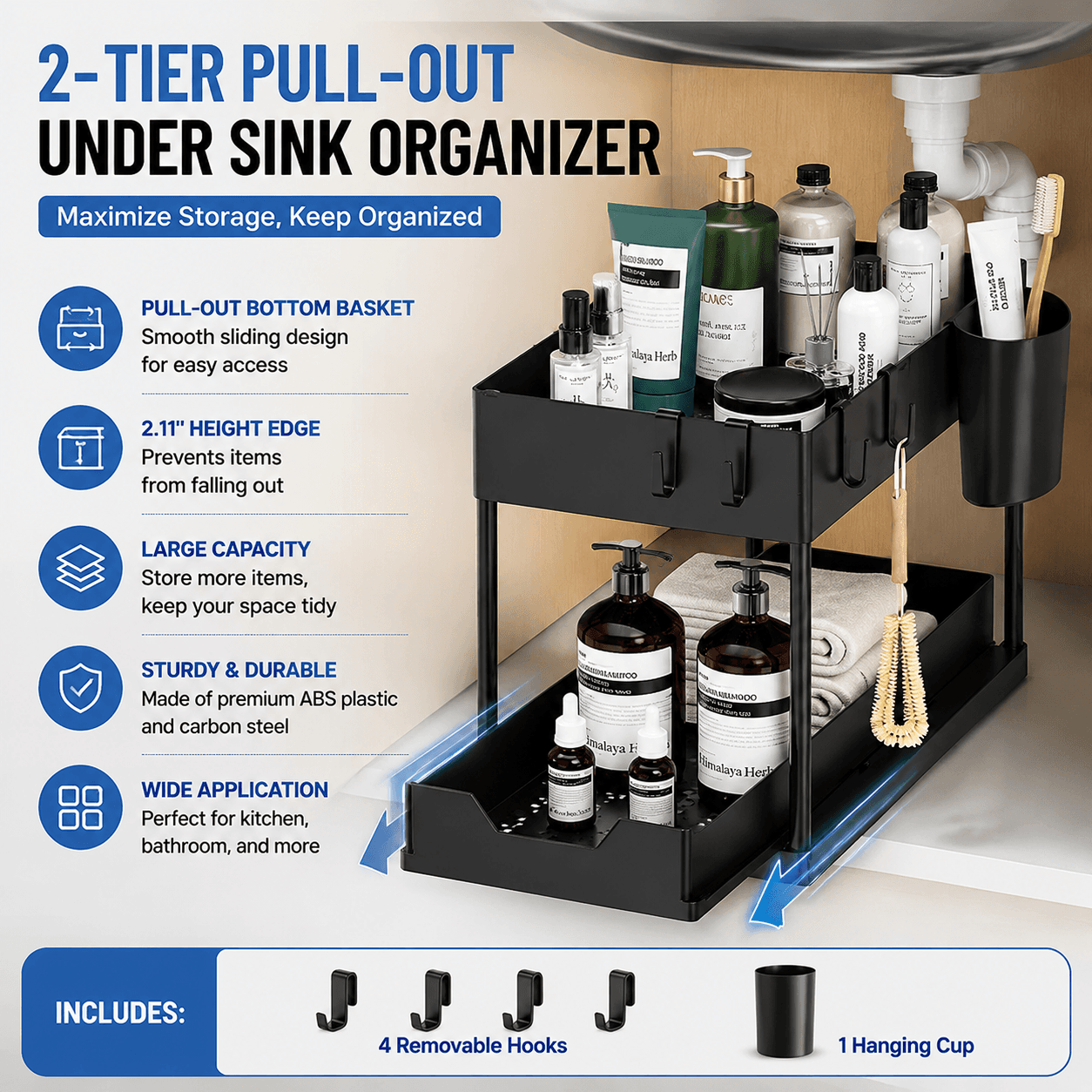 Black Under Sink Organizer with Pull-Out Drawer, 4 Hooks and Hanging Cup - 2