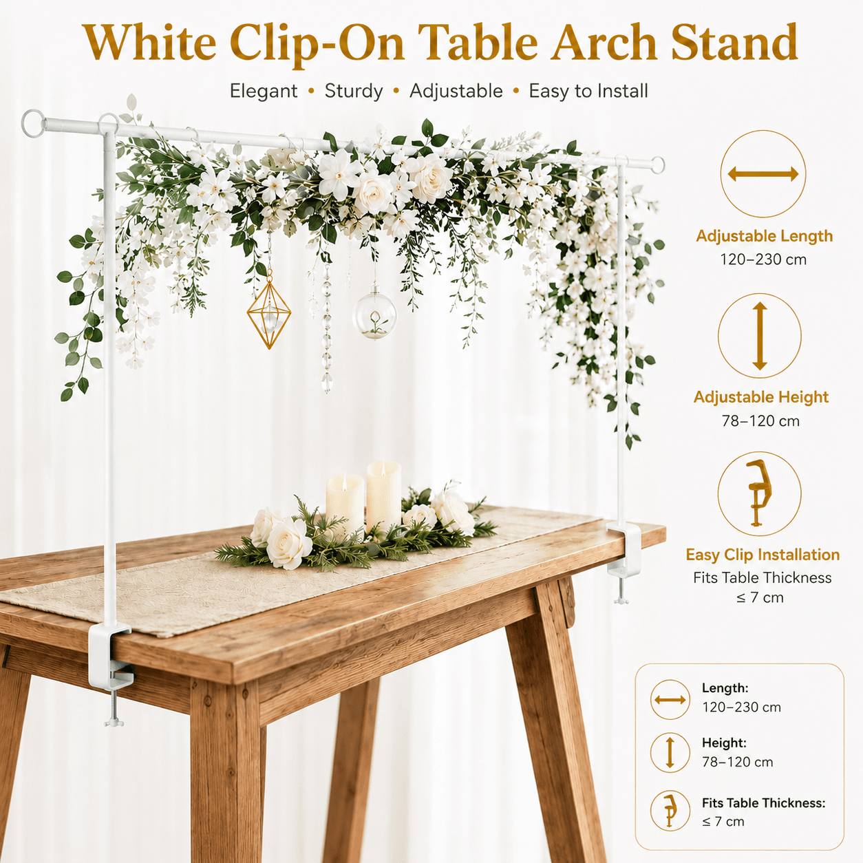White Iron Over Table Arch Display Stand with Fixed - White Fixed Clamps