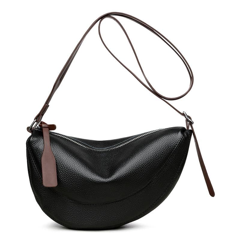Black Genuine Leather Crescent Shape Shoulder Bag for Women - Compact