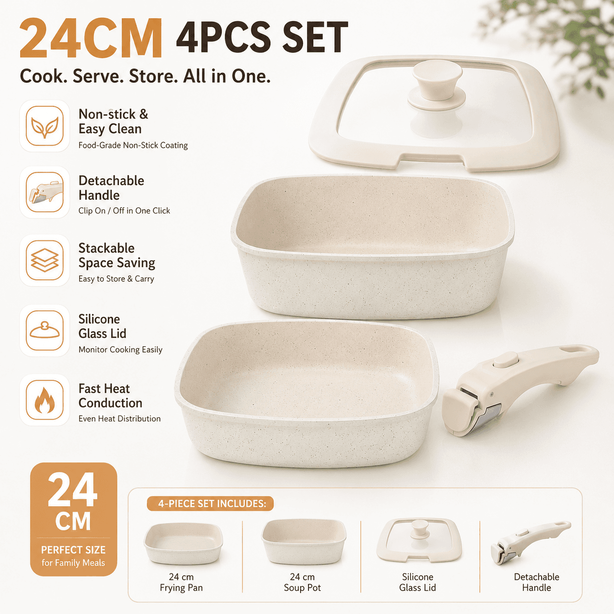 4 Piece Detachable Nonstick Aluminium Alloy Cookware Set (Dia 24 cm)