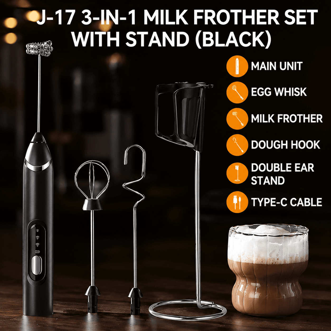 J-17 Black Wireless Handheld Electric Milk Frother - Black Dough Mixer 3